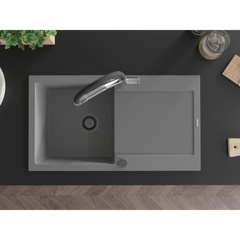 Mexen Leo 1-bowl granite sink with drainer and Duo kitchen faucet, gray - 6501-71-671701-07-B