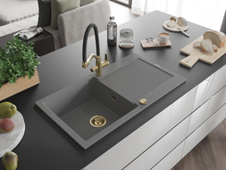 Mexen Leo granite kitchen sink 1-bowl with drainer and Duo kitchen tap, grey - 6501-71-671701-57-G