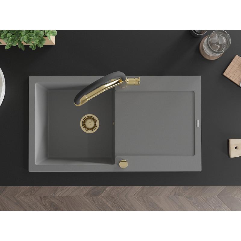 Mexen Leo 1-bowl granite sink with drainer and Duo kitchen faucet, gray - 6501-71-671701-57-G