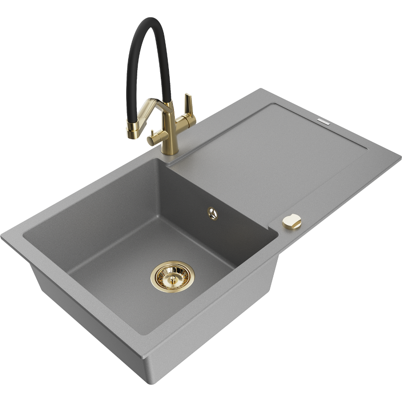 Mexen Leo 1-compartment granite sink with a drip tray and kitchen mixer tap Duo, Grey - 6501-71-671701-57-G