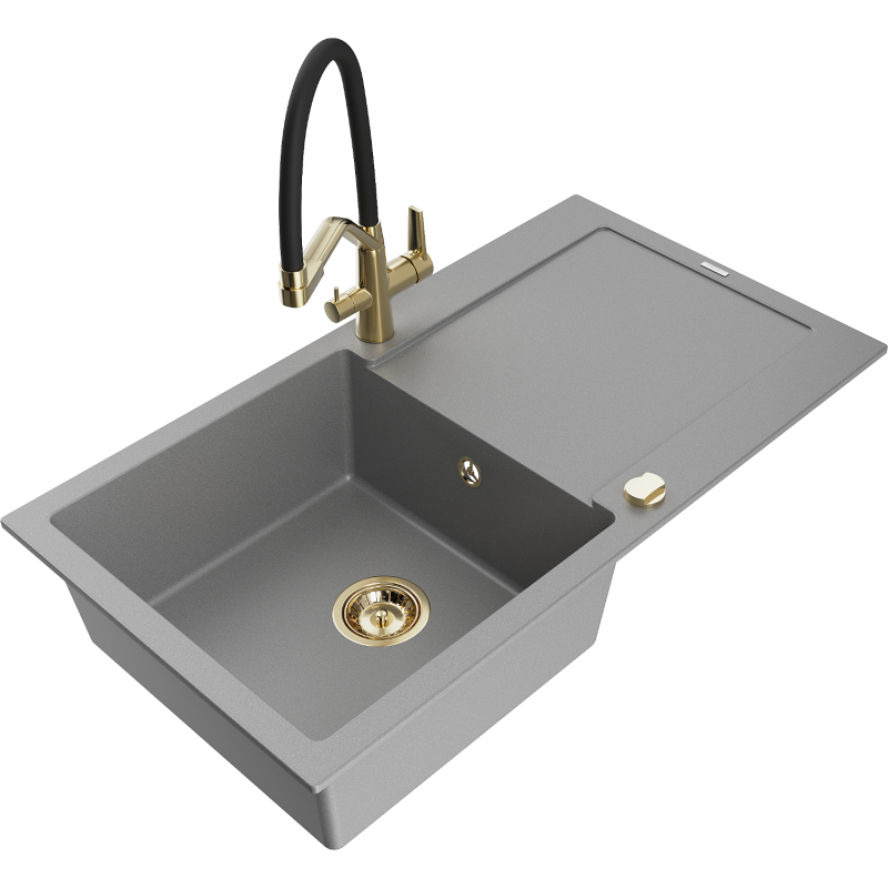 Mexen Leo granite kitchen sink 1-bowl with drainer and Duo kitchen tap, grey - 6501-71-671701-57-G