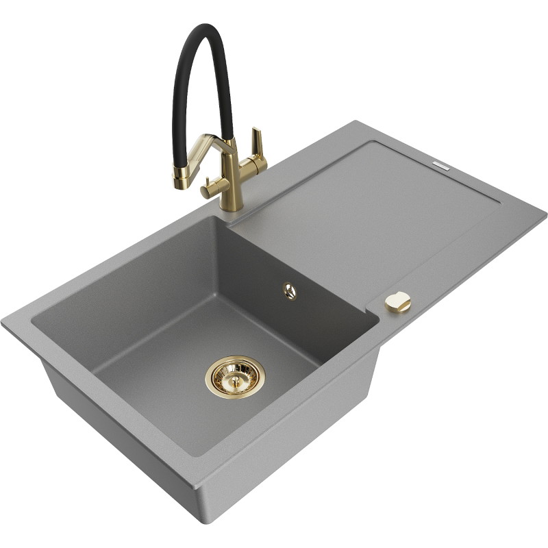Mexen Leo granite kitchen sink 1-bowl with drainer and kitchen faucet Duo, gray - 6501-71-671701-57-G