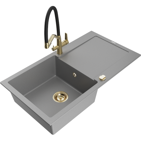 Mexen Leo 1-bowl granite sink with drainer and Duo kitchen faucet, gray - 6501-71-671701-57-G