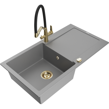 Mexen Leo granite kitchen sink 1-bowl with drainer and Duo kitchen tap, grey - 6501-71-671701-57-G