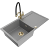 Mexen Leo granite kitchen sink 1-bowl with drainer and kitchen faucet Duo, gray - 6501-71-671701-57-G