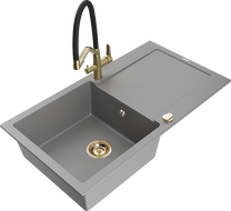 Mexen Leo granite kitchen sink 1-bowl with drainer and kitchen faucet Duo, gray - 6501-71-671701-57-G