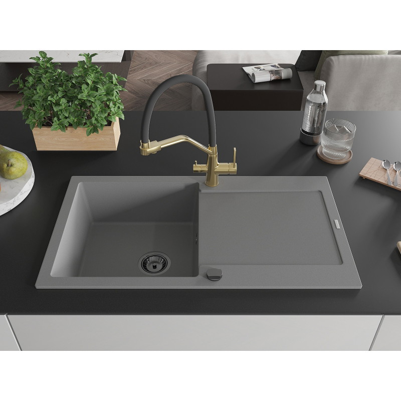 Mexen Leo 1-bowl granite sink with drainer and Duo kitchen faucet, gray - 6501-71-671701-57-B