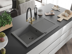 Mexen Leo granite sink 1-bowl with drainer and Duo kitchen tap, grey - 6501-71-671701-57-B