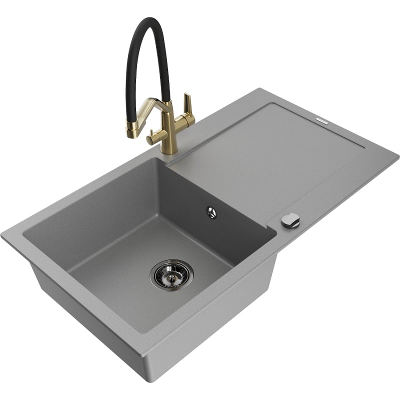 Mexen Leo 1-bowl granite sink with drainer and Duo kitchen faucet, gray - 6501-71-671701-57-B