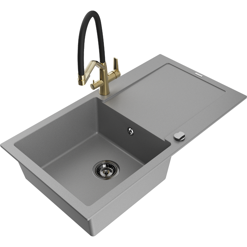 Mexen Leo granite sink 1-bowl with drainer and Duo kitchen tap, grey - 6501-71-671701-57-B