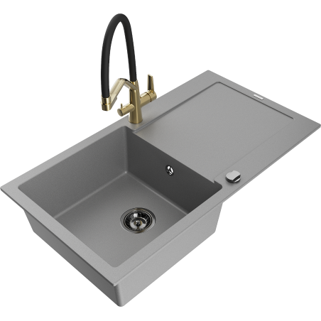 Mexen Leo 1-bowl granite sink with drainer and Duo kitchen faucet, gray - 6501-71-671701-57-B
