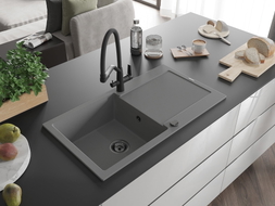 Mexen Leo granite single-bowl sink with drainer and Duo kitchen faucet, gray - 6501-71-671701-70-B
