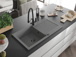 Mexen Leo 1-compartment granite sink with a drip tray and kitchen mixer tap Duo, Grey - 6501-71-671701-70-B