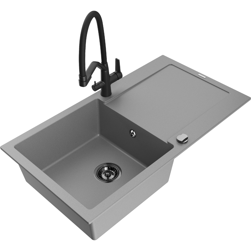 Mexen Leo granite sink 1-bowl with drainer and Duo kitchen tap, grey - 6501-71-671701-70-B