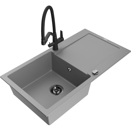Mexen Leo 1-bowl granite sink with drainer and Duo kitchen faucet, gray - 6501-71-671701-70-B