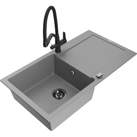 Mexen Leo granite sink 1-bowl with drainer and Duo kitchen tap, grey - 6501-71-671701-70-B
