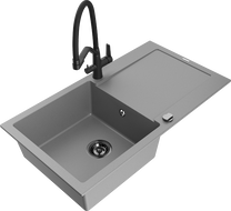 Mexen Leo granite single-bowl sink with drainer and Duo kitchen faucet, gray - 6501-71-671701-70-B