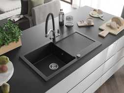 Mexen Leo granite kitchen sink single-bowl with drainer and kitchen faucet Duo, black/silver metallic - 6501-73-671701-07