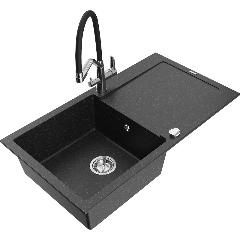 Mexen Leo 1-compartment granite sink with a drip tray and kitchen mixer tap Duo, Black/Silver metallic - 6501-73-671701-07