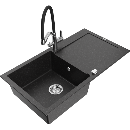 Mexen Leo granite kitchen sink 1-bowl with drainer and Duo kitchen faucet, black/silver metallic - 6501-73-671701-07