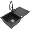 Mexen Leo granite kitchen sink 1-bowl with drainer and Duo kitchen faucet, black/silver metallic - 6501-73-671701-07