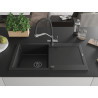 Mexen Leo granite kitchen sink 1-bowl with drainer and Duo faucet, black/silver metallic - 6501-73-671701-07-B
