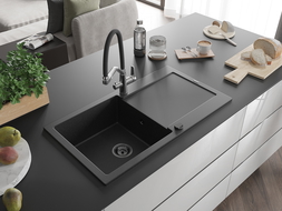 Mexen Leo 1-compartment granite sink with a drip tray and kitchen mixer tap Duo, Black/Silver metallic - 6501-73-671701-07-B