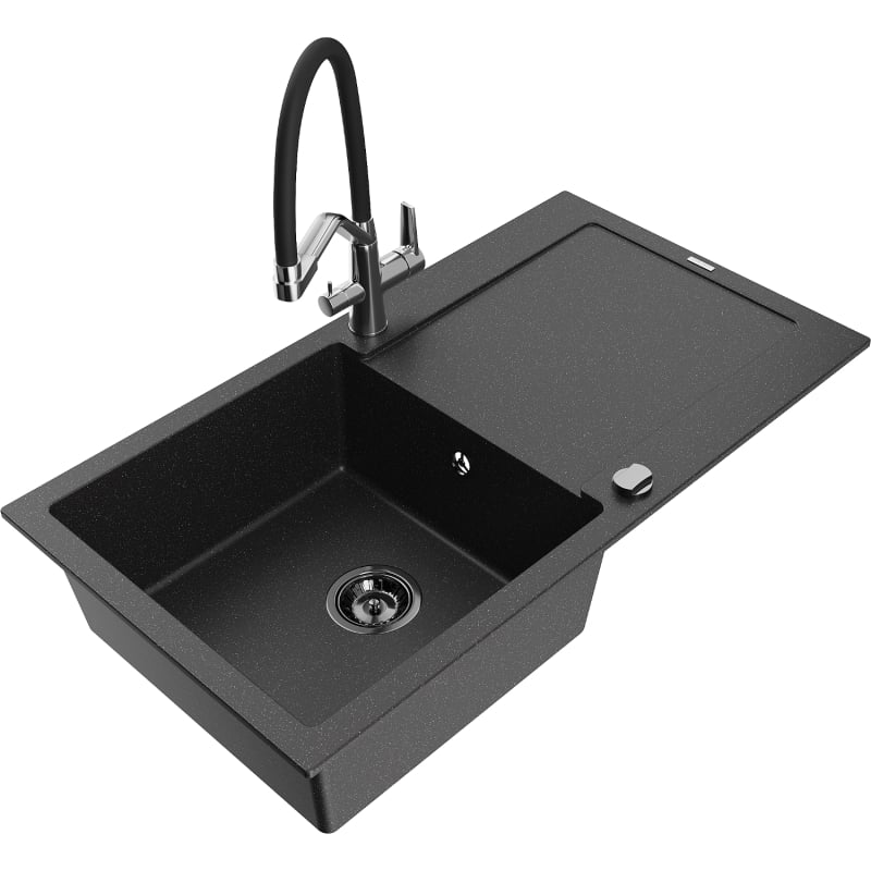 Mexen Leo 1-bowl granite sink with drainer and Duo kitchen faucet, black/silver metallic - 6501-73-671701-07-B
