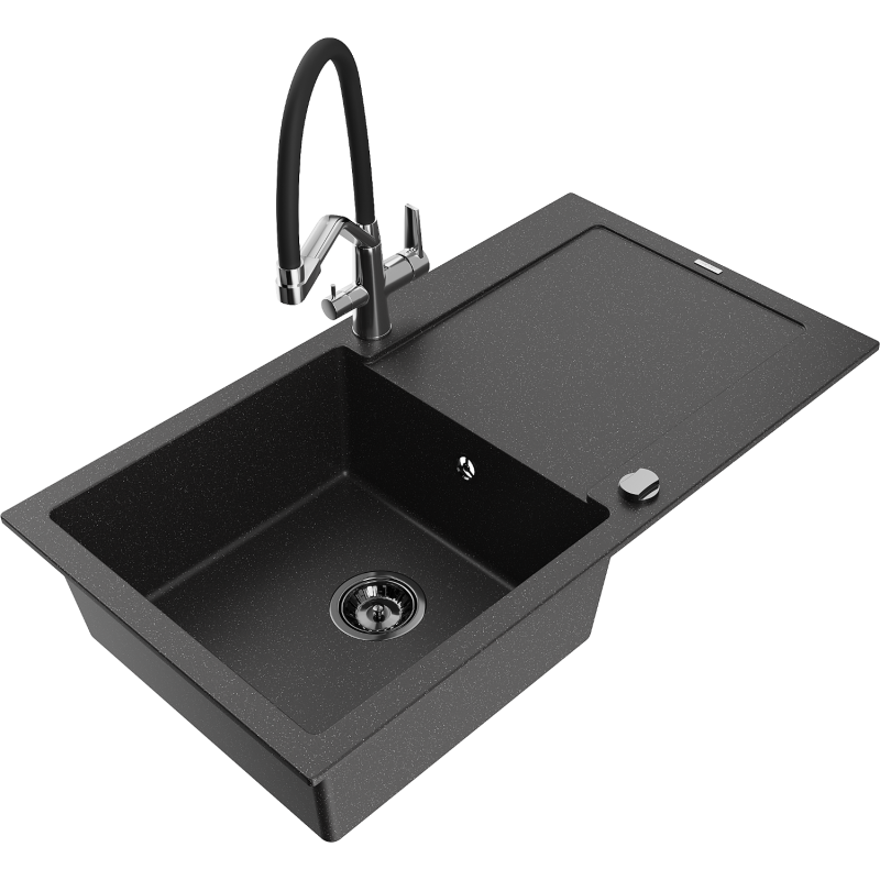 Mexen Leo 1-compartment granite sink with a drip tray and kitchen mixer tap Duo, Black/Silver metallic - 6501-73-671701-07-B