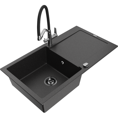 Mexen Leo granite kitchen sink 1-bowl with drainer and Duo faucet, black/silver metallic - 6501-73-671701-07-B