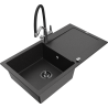Mexen Leo 1-bowl granite sink with drainer and Duo kitchen faucet, black/silver metallic - 6501-73-671701-07-B