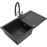 Mexen Leo granite kitchen sink 1-bowl with drainer and Duo faucet, black/silver metallic - 6501-73-671701-07-B