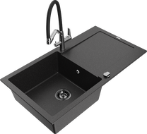 Mexen Leo granite kitchen sink single-bowl with drainer and Duo kitchen tap, black/silver metallic - 6501-73-671701-07-B