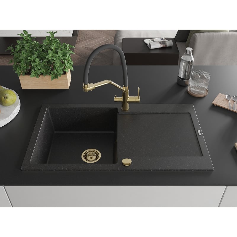 Mexen Leo 1-bowl granite sink with drainer and Duo kitchen faucet, black/silver metallic - 6501-73-671701-57-G