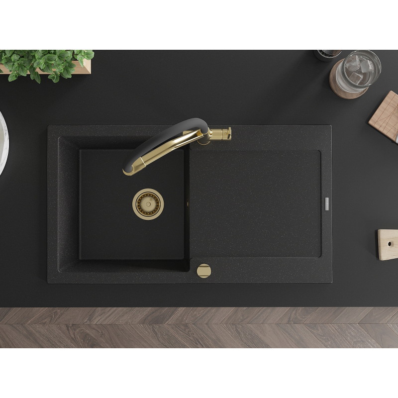 Mexen Leo granite single-bowl sink with drainer and Duo kitchen faucet, black/silver metallic - 6501-73-671701-57-G