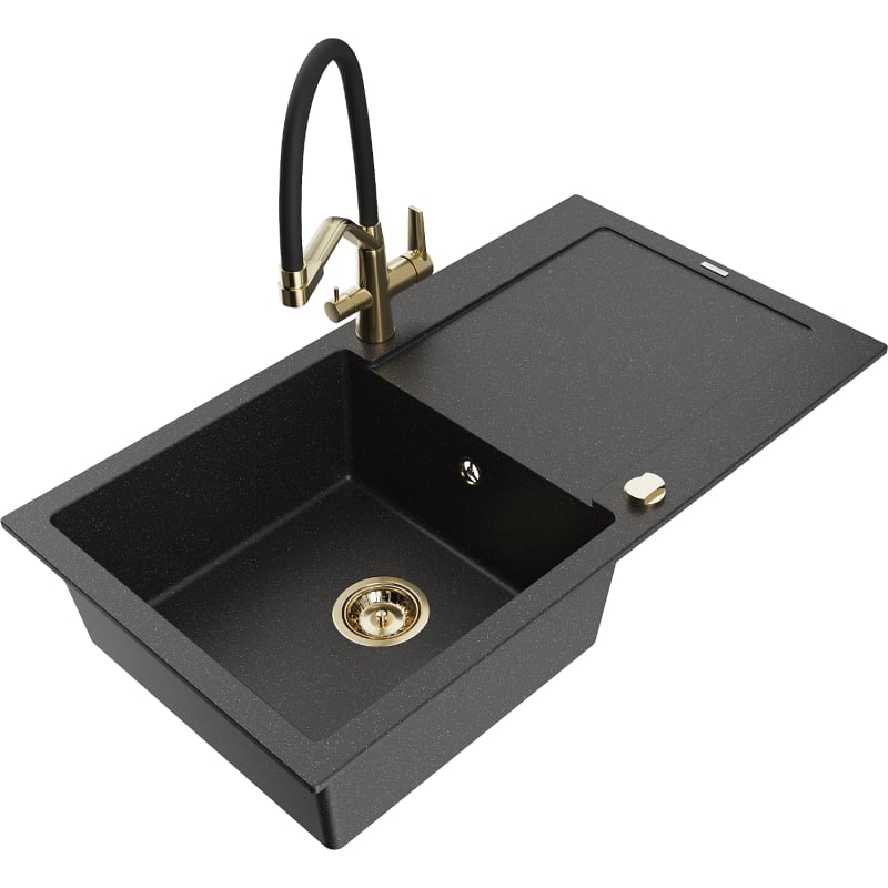 Mexen Leo 1-bowl granite sink with drainer and Duo kitchen faucet, black/silver metallic - 6501-73-671701-57-G