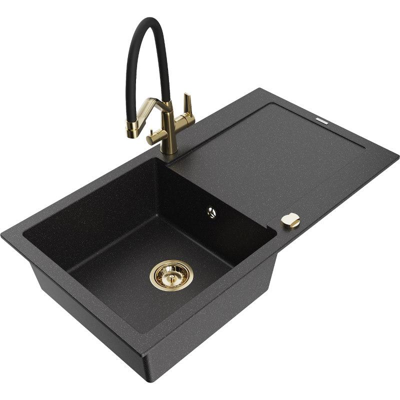 Mexen Leo 1-bowl granite sink with drainer and Duo kitchen tap, black/silver metallic - 6501-73-671701-57-G