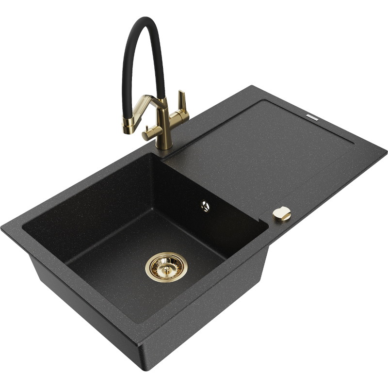Mexen Leo granite single-bowl sink with drainer and Duo kitchen faucet, black/silver metallic - 6501-73-671701-57-G