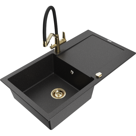 Mexen Leo 1-bowl granite sink with drainer and Duo kitchen faucet, black/silver metallic - 6501-73-671701-57-G
