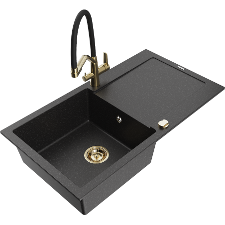 Mexen Leo granite single-bowl sink with drainer and Duo kitchen faucet, black/silver metallic - 6501-73-671701-57-G
