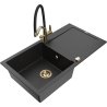 Mexen Leo granite single-bowl sink with drainer and Duo kitchen faucet, black/silver metallic - 6501-73-671701-57-G