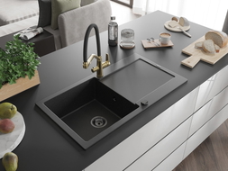Mexen Leo 1-Bowl Granite Sink with Drainer and Duo Kitchen Faucet, Black/Silver Metallic - 6501-73-671701-57-B