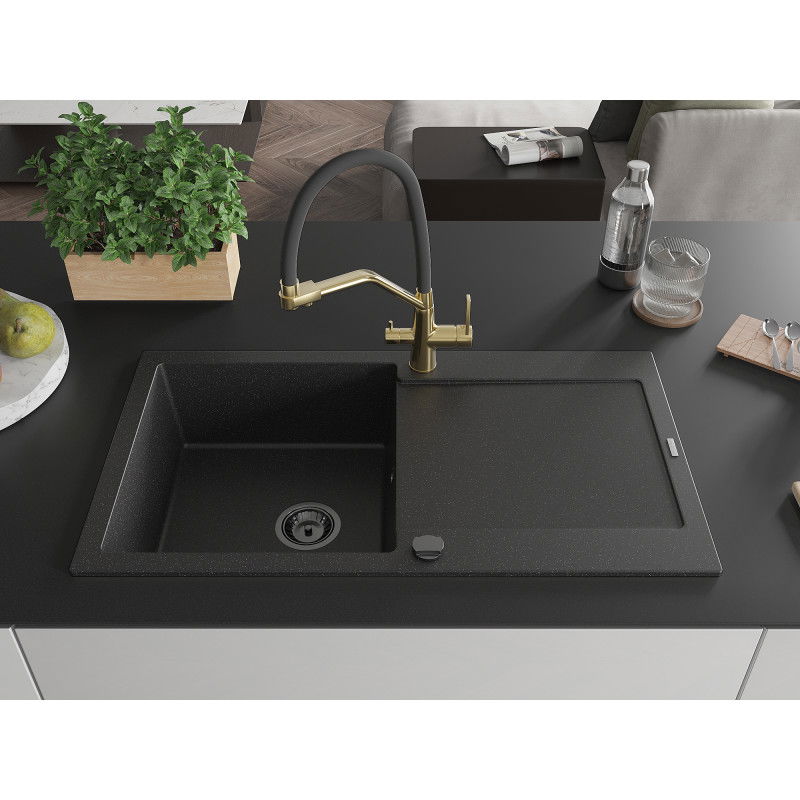 Mexen Leo granite sink 1-bowl with drainer and Duo kitchen tap, black/silver metallic - 6501-73-671701-57-B