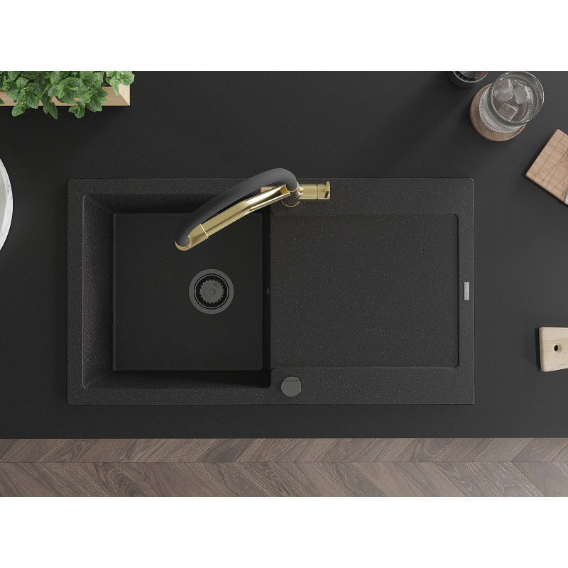 Mexen Leo granite sink 1-bowl with drainer and Duo kitchen tap, black/silver metallic - 6501-73-671701-57-B