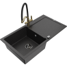 Mexen Leo granite sink 1-bowl with drainer and Duo kitchen tap, black/silver metallic - 6501-73-671701-57-B