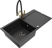 Mexen Leo granite sink 1-bowl with drainer and Duo kitchen tap, black/silver metallic - 6501-73-671701-57-B
