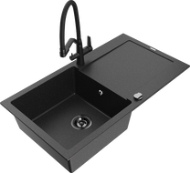 Mexen Leo 1-bowl granite sink with drainer and Duo kitchen faucet, black/silver metallic - 6501-73-671701-70-B