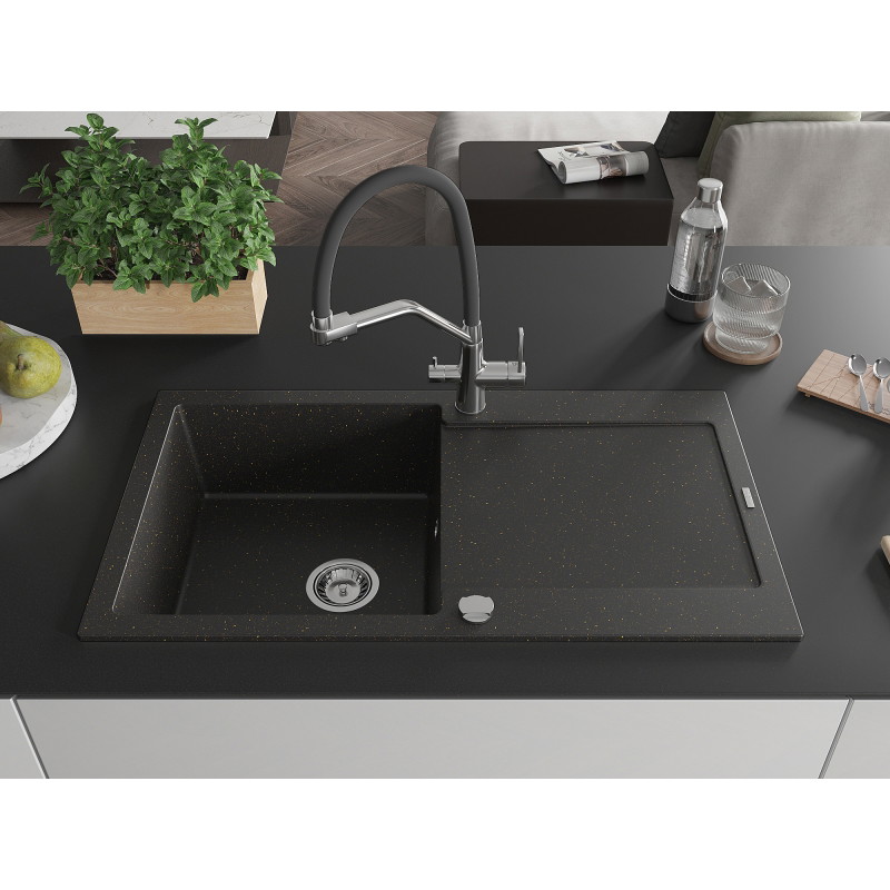 Mexen Leo granit sink 1-chamber with drainer and Duo kitchen faucet, black/gold metallic - 6501-75-671701-07