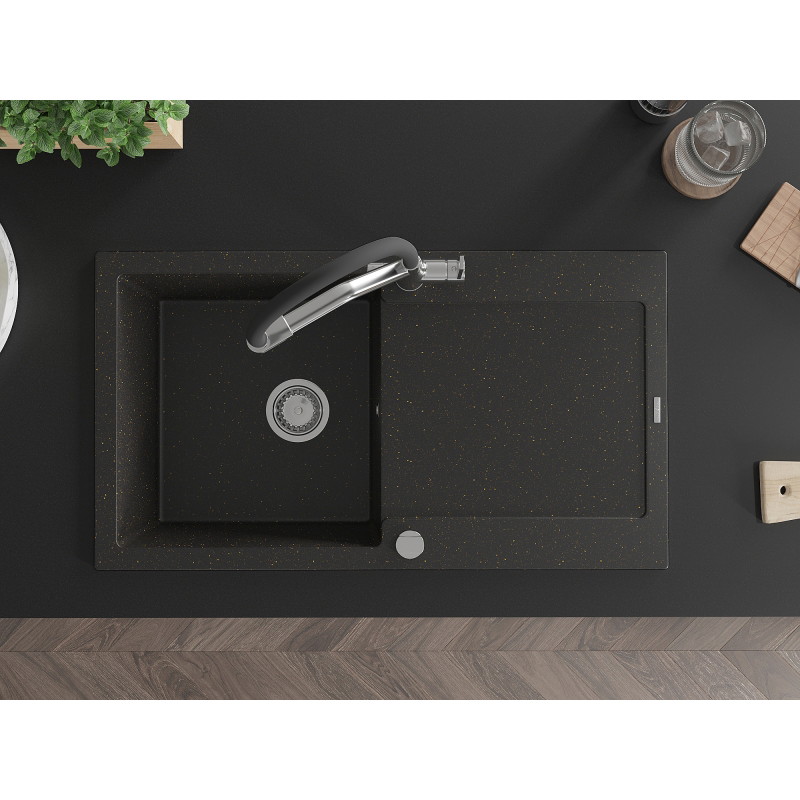 Mexen Leo granit sink 1-chamber with drainer and Duo kitchen faucet, black/gold metallic - 6501-75-671701-07