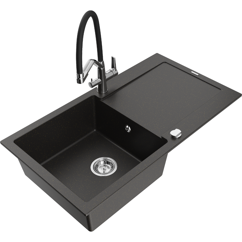 Mexen Leo 1-bowl granite sink with drainer and Duo kitchen tap, black/gold metallic - 6501-75-671701-07